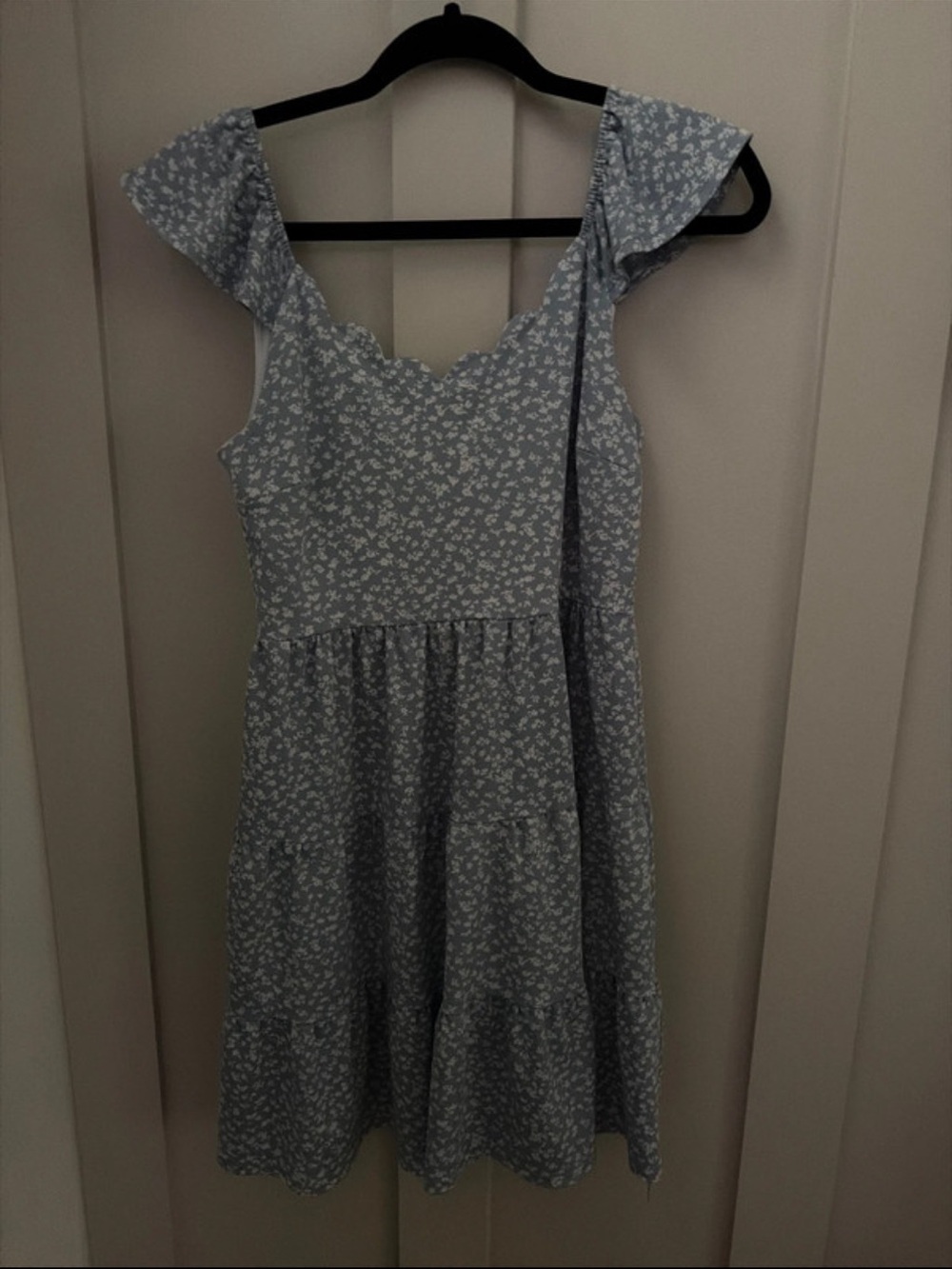Blue Floral Scallop Neck Tiered Mini Dress
